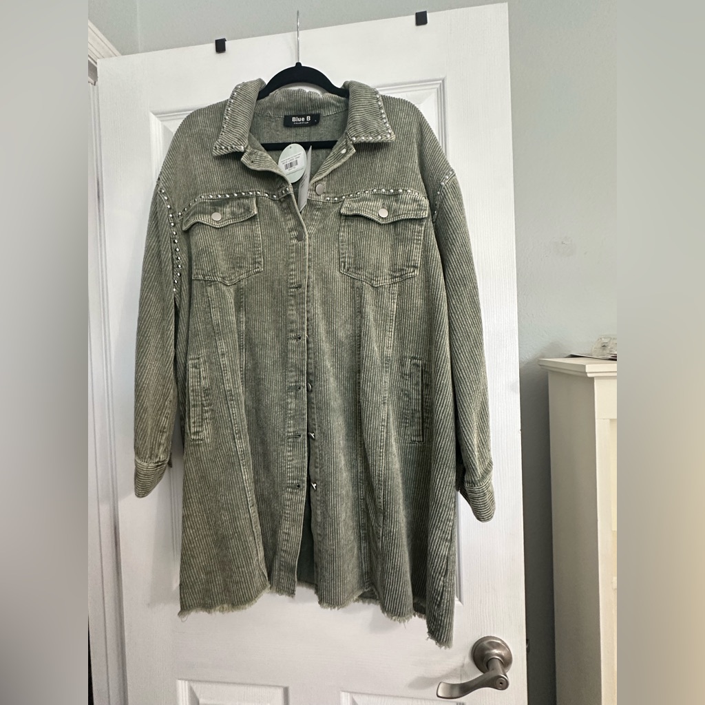 Women's Green Khaki Corduroy Dress Or Long Jacket With Fringe Detail